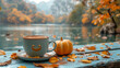 A cup with a smiley face and autumn leaves in the background