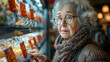 An old pensioner woman is looking for the cheapest prices