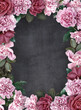 Floral card with copy space. Pink peony and red roses on dark textured grange background. Bouquet of garden flowers.