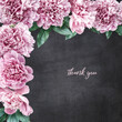 Floral card with copy space. Pink peony on textured grange background. Bouquet of garden flowers.