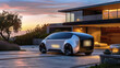 A futuristic electric vehicle was parked in front of an ultramodern house, showcasing the concept's integration with everyday life. Generative AI.