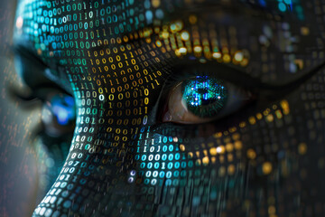 A woman's face is made up of binary code, with her eyes glowing blue