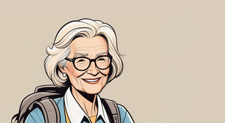 Wall Mural - Elderly woman with glasses and backpack is happily smiling