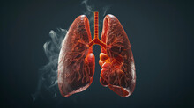 A Detailed 3D Rendering Of The Human Respiratory System Featuring Healthy Lungs And Airways Against A Dark Background With Smoke.