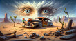 Surreal Desert Vision: A Mystical Landscape with Vivid Eyes Overlooking an Arid Scene with a Rustic Car