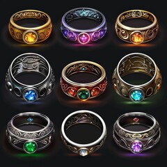 Sticker - Set of multicolor gold and silver rings and bracelets with gems, precious stones.  Isolated icons for games.