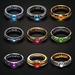 Poster - Set of multicolor gold and silver rings and bracelets with gems, precious stones.  Isolated icons for games.