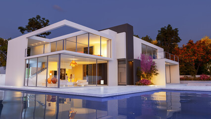 Fototapete - Luxurious contemporary house with pool