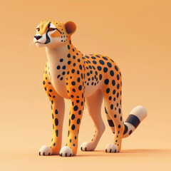 An elegantly rendered 3D illustration of a stylized cheetah, poised gracefully on an orange background.