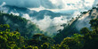 Tropical green mountains with mist. Cloudy foggy sky backdrop. Generative AI