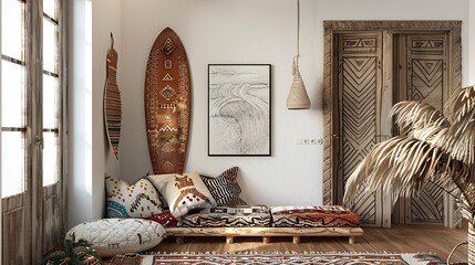 Wall Mural - Picture of a room, boho chic, a surfboard on the wall, and a framed picture