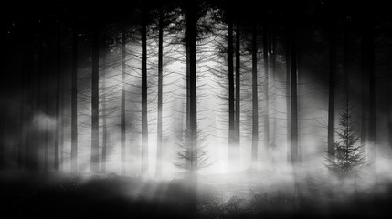 Wall Mural - landscape of a night foggy forest illuminated by the moon