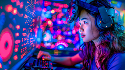 Gamer woman in a vibrant setting, capturing the energy and focus of competitive gaming and digital entertainment