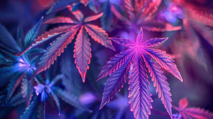 Wall Mural - Bright background with textured shiny cannabis leaves neon attractive colors blur background