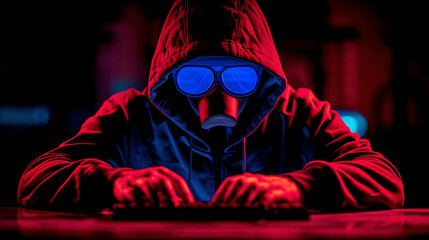 Poster - A man in a red hoodie is typing on a keyboard with a mask on his face