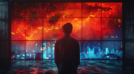 Poster - A man is looking at a computer screen with a red background