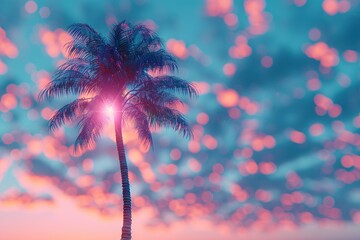 Poster - Tropical palm tree with colorful bokeh sun light on sunset sky cloud abstract background.