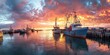 A harbor at sunset with fishing boats returning to dock. 