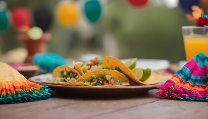 Empty table with Mexican fiesta decorations with blurred background created with generative AI.