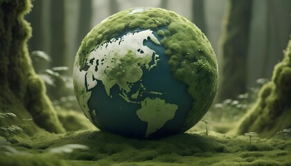 Wall Mural - conceptual 3D globe with continents and live green plants emerging set on mossy terrain against a blurred background created with generative ai.