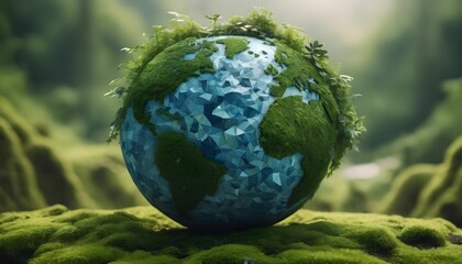 Wall Mural - conceptual 3D globe with continents and live green plants emerging set on mossy terrain against a blurred background created with generative ai.