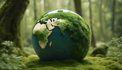 Wall Mural - conceptual 3D globe with continents and live green plants emerging set on mossy terrain against a blurred background created with generative ai.