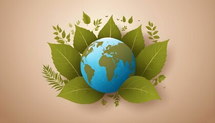 Wall Mural - Happy earth day. Ecology concept. Design with globe map drawing and leaves on light brown background. vector. illustration created with generative ai.