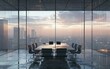 Modern business meeting room interior with a glass wall and city view. Professional office with a conference table for employees in the style of a skyscraper
