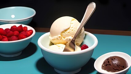 Ice cream in two retro metal bowls on a wooden table.