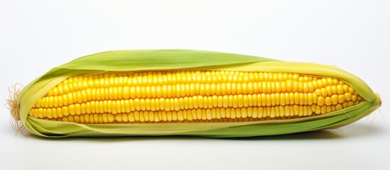 Poster - A close up of a corn on the cob, a staple food in many cuisines. This vegetable is a natural food ingredient often used in various dishes, shown on a white background in a rectangular shape