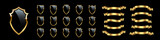 Fototapeta Panele - Black shields with golden frame and ribbons vector set for emblem, logo, badge, label. Royal medieval military armor collection isolated on black background. War trophy, heraldic symbol