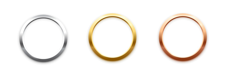 Gold, silver and bronze metal circle frames 3d vector realistic illustration. First, second and third place medals or buttons isolated on white background. Certified. Quality blank, empty badge set