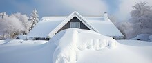After A Substantial Snowfall During Wintertime The Roof Of A Residence Is Enveloped In A Layer Of White Snow, Generative AI 