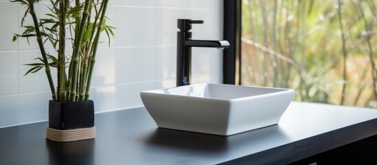 Wall Mural - A rectangular glass vase with a plant sits next to a wooden bathroom sink on hardwood flooring in a modern house