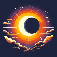  a flat illustration depicting a solar eclipse. the sun partially covered by the moon, casting a shadow over the Earth