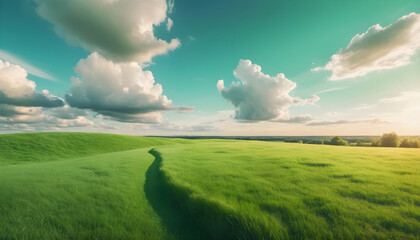 Green field of cut grass into and blue sky beautiful natural scenic panorama 1