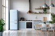 A modern kitchen with white walls, blue and white furnishings, a fridge, a stove, and a sizable dining table is seen from the front. idea of freshly prepared meals. Generative AI 