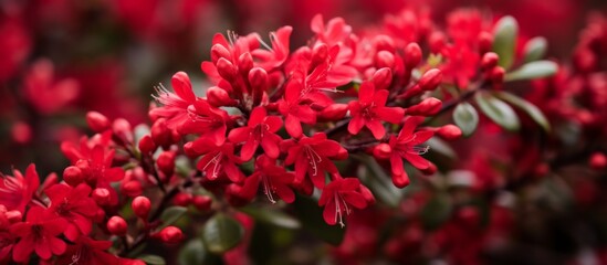 Wall Mural - Closeup shot of red flowers on a tree branch. The plant is a flowering annual with magenta petals, creating a beautiful blossom in the natural groundcover