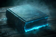 Fantasy ancient leather book with glowing blue pages. Medieval fantasy hardcover closed book mock-up. Bible, spell book, sorcery, voodoo, vodu, alchemy, witchcraft. Flaming fantasy magic glow.