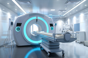 Aufkleber - A hospital room with a large MRI machine. The room is bright and clean, with a modern design. The machine is the main focus of the room, and it is surrounded by medical equipment and furniture