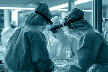Aufkleber - A group of scientists in white lab coats are working in a lab. They are wearing masks and gloves and are focused on their work. The lab is filled with various scientific equipment and bottles