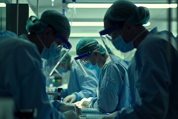 Aufkleber - A group of scientists in white lab coats are working in a lab. They are wearing masks and gloves and are focused on their work. The lab is filled with various scientific equipment and bottles