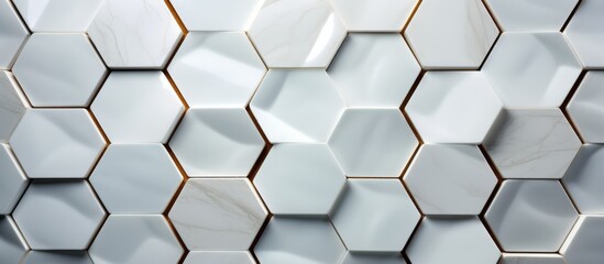 A close up of a white hexagon tile wall made of composite material with a symmetrical pattern. The building material resembles wire fencing in electric blue metal