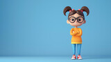 Fototapeta Zachód słońca - Cute and happy cartoon girl character with brown hair and glasses. She is wearing a yellow sweater and blue jeans.