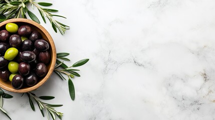 Wall Mural - black and green olives, marble table with copy space