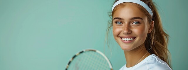 Banner with portrait of young beautiful smiling woman with a tennis racket isolated on green background. Horizontal studio photo with copy space.