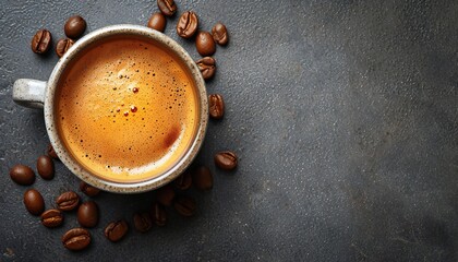 Cup of delicious coffee on dark background with ample copy space.