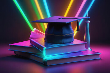 Futuristic education concept with glowing graduation hat and books neon light and neon frame.