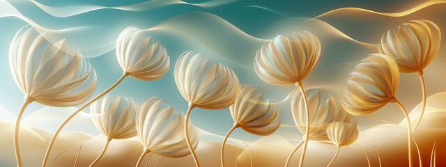 Wall Mural - Beautiful fantasy abstract 3D dandelions close up on a light blue background. Light delicate summer spring floral background.