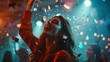 Stylish beautiful woman dancing, celebrating and hanging out in a nightclub, other people dancing in background, flying sparkles and confetti, reportage photography style with flash motion blur